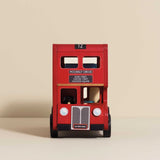 Front view of a classic red wooden double-decker London toy bus.