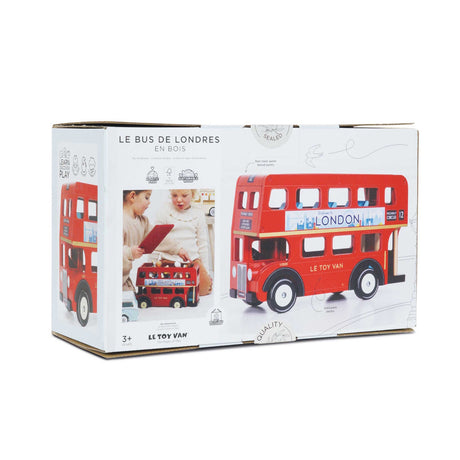 Packaging box for a red wooden London bus toy showing product photos and play features.