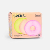Packaging box for Speks Gump memory gel stress loops featuring three colorful ring-shaped fidgets.