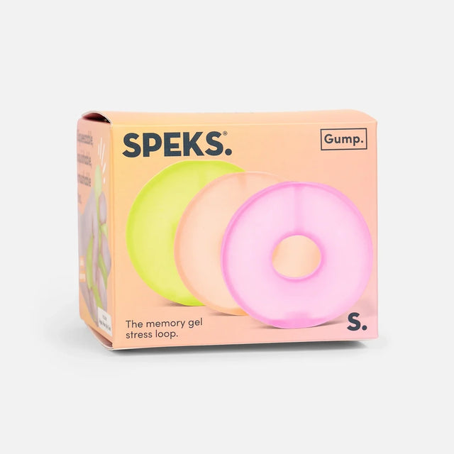 Packaging box for Speks Gump memory gel stress loops featuring three colorful ring-shaped fidgets.