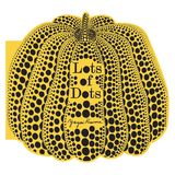 Yellow pumpkin-shaped board book cover of Lots of Dots by Yayoi Kusama, covered in black polka dots.