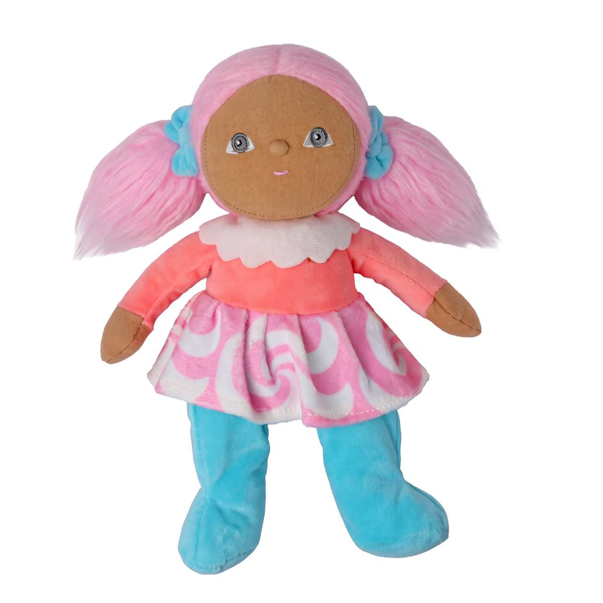 Standing plush doll with pink pigtails, a coral top, and a swirl skirt against a white background.