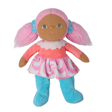 Standing plush doll with pink pigtails, a coral top, and a swirl skirt against a white background.