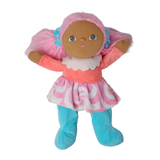 Plush doll with pink pigtails and a swirl skirt raising its arms against a white background.