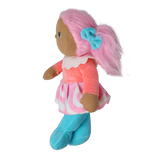 Side profile of a plush doll with pink pigtails and a pastel outfit against a white background.