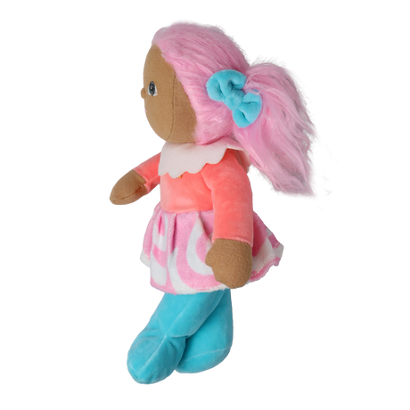 Side profile of a plush doll with pink pigtails and a pastel outfit against a white background.