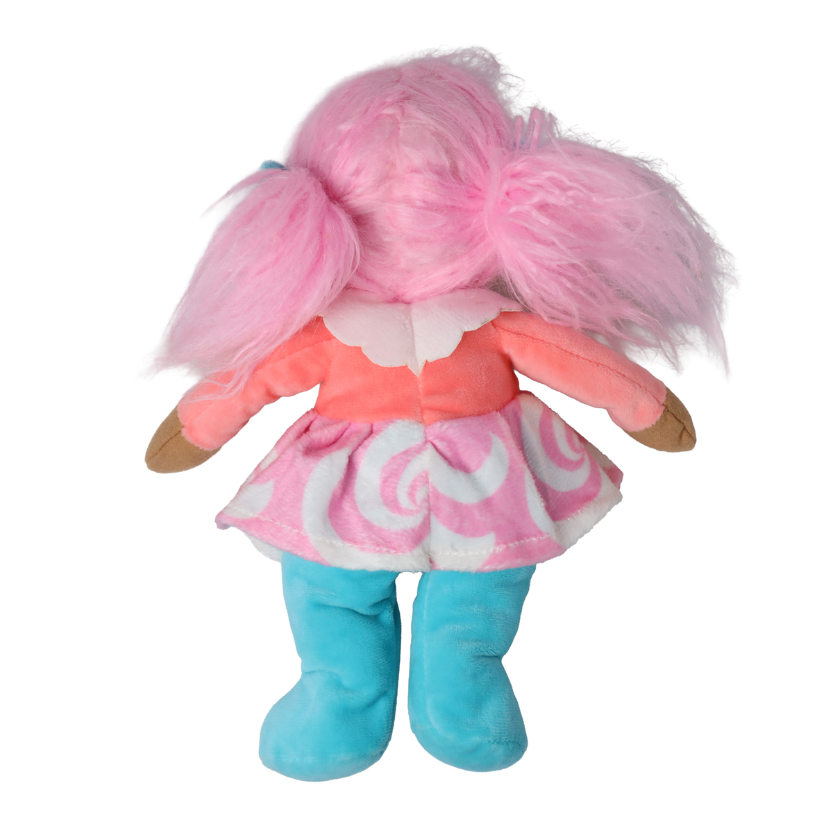 Back view of a plush doll with pink pigtails and a pastel dress against a white background.