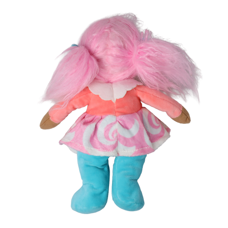 Back view of a plush doll with pink pigtails and a pastel dress against a white background.