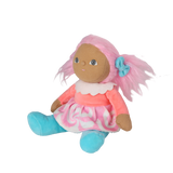 Seated plush doll with pink pigtails, a swirl dress, and blue boots angled on a white background.