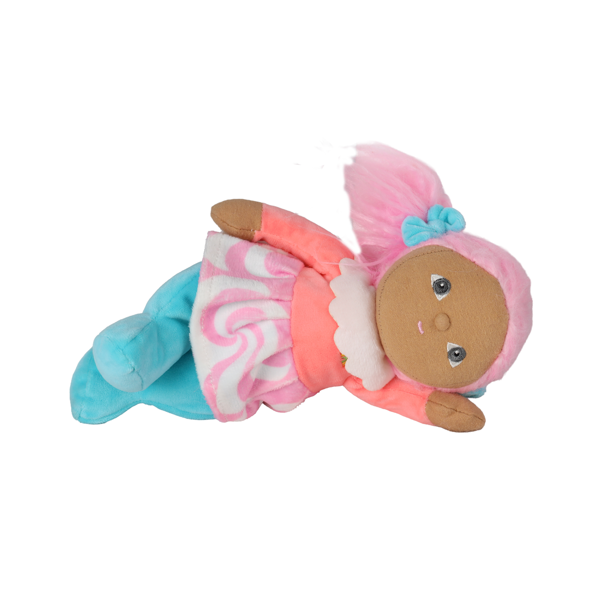 Plush doll with pink pigtails lying on its side against a white background.