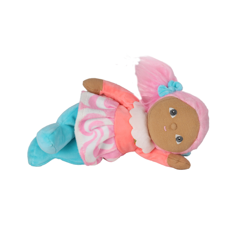 Plush doll with pink pigtails lying on its side against a white background.