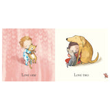 Illustrations of a child hugging a cat and a child hugging two dogs with "Love one" and "Love two" text.
