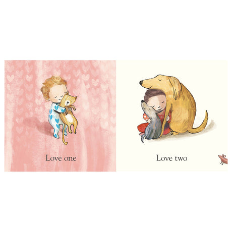 Illustrations of a child hugging a cat and a child hugging two dogs with "Love one" and "Love two" text.