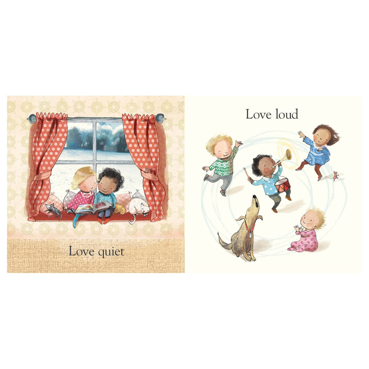 Children reading by a window with "Love quiet" text and children playing music with a dog and "Love loud" text.