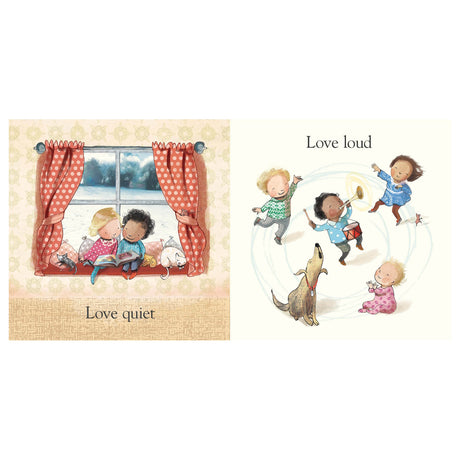 Children reading by a window with "Love quiet" text and children playing music with a dog and "Love loud" text.