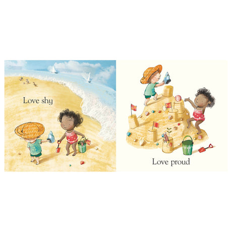 Children playing on a beach and building a large, decorated sandcastle. Text reads "Love shy" and "Love proud."