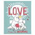 Book cover titled "Love From The Moomins" featuring Moomintroll and Snorkmaiden hugging on a bench with flowers.