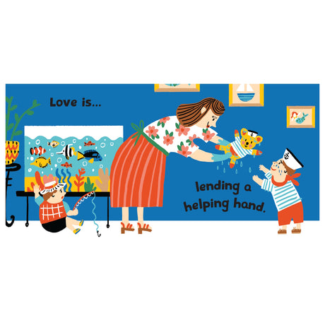 Children's book illustration of a woman rescuing a teddy bear from an aquarium for a crying child. "Love is helping."