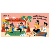 Children perform a play for their parents in "Love Makes a Family." Text reads: "Love is... watching from the front row."