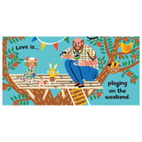 Illustration of a father and daughter having a tea party in a treehouse with a bunny and birds in an orange tree.