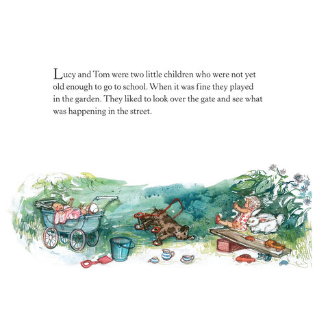 Illustration of children's toys in a garden beside story text about two young children named Lucy and Tom.