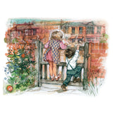 Two young children climb up a wooden garden gate to peer over at brick houses across the street.