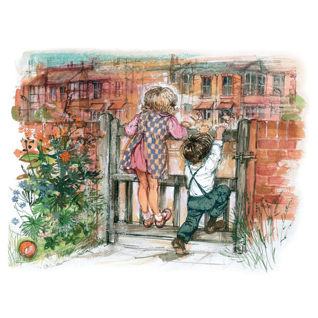 Two young children climb up a wooden garden gate to peer over at brick houses across the street.