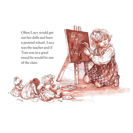 Storybook illustration of a young girl writing on a small chalkboard while teaching her line of dolls.