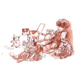 Sepia illustration of a young boy sitting on the floor surrounded by stuffed toys and dolls.