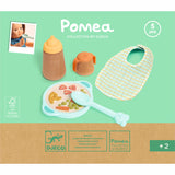 Djeco Pomea 5-piece wooden doll feeding set with bottle, bib, plate, and spoon for pretend play.