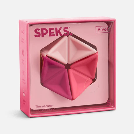 Speks Pivot silicone hexaflexagon fidget toy packaged in a pink display box.