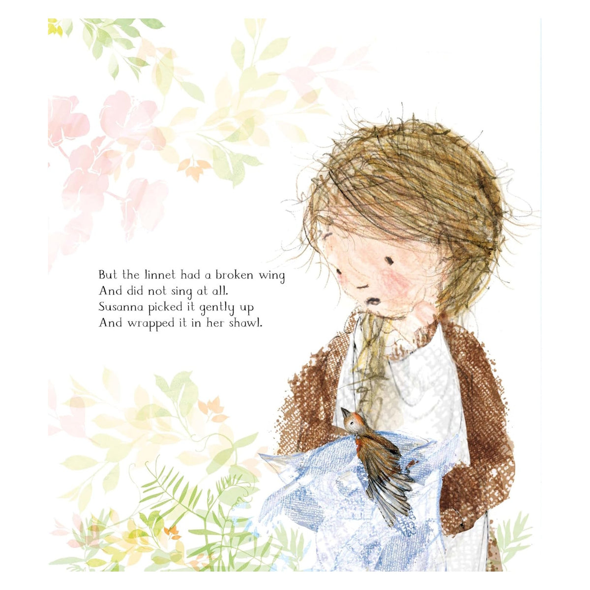 Children's book page showing a girl gently holding a small bird with a broken wing wrapped in a blue shawl.