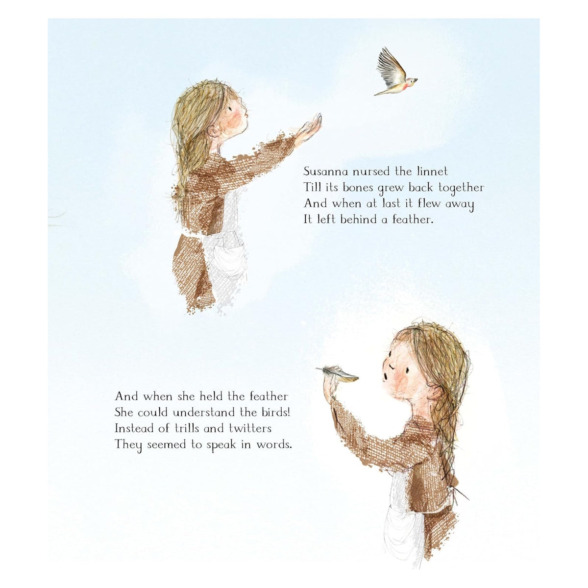 Children's book page showing a young girl releasing a small bird and looking closely at its feather.