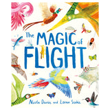 Children's book cover "The Magic of Flight" by Nicola Davies, featuring colorful illustrations of birds, insects, and bats.