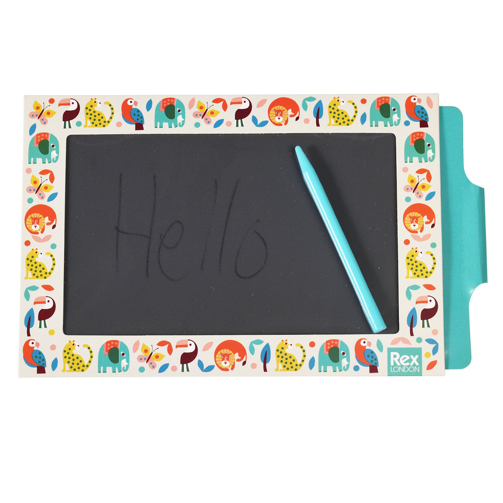 A colorful drawing board with a turquoise stylus, bordered by playful animal designs.
