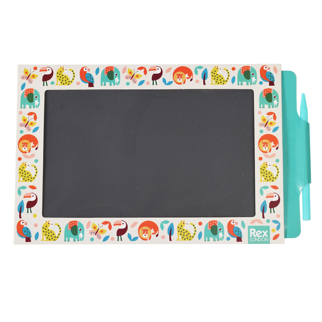 A colorful drawing board with a turquoise stylus, bordered by playful animal designs.