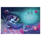 Illustration of a Moon Eye mermaid in the deep sea with an anglerfish, submarine, and bioluminescent ocean life.
