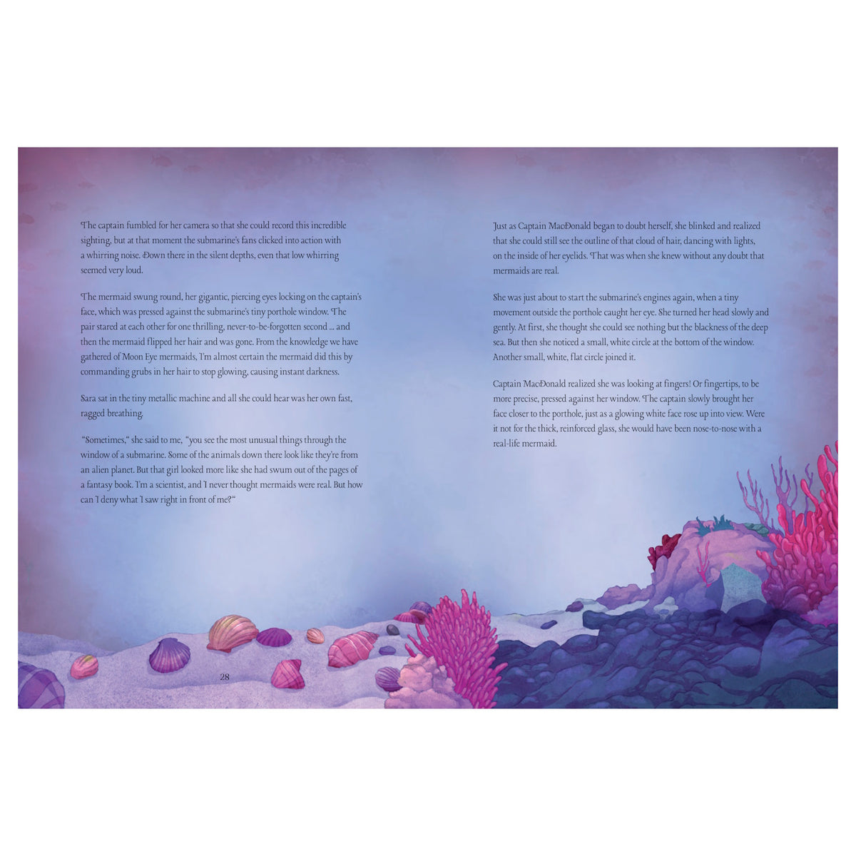 Undersea children's book spread with mermaid story text, pink coral, and seashells on a purple ocean floor.