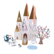 Magical princess castle centerpiece set with paper figures of princesses, a knight, dragon, unicorn, and tree.