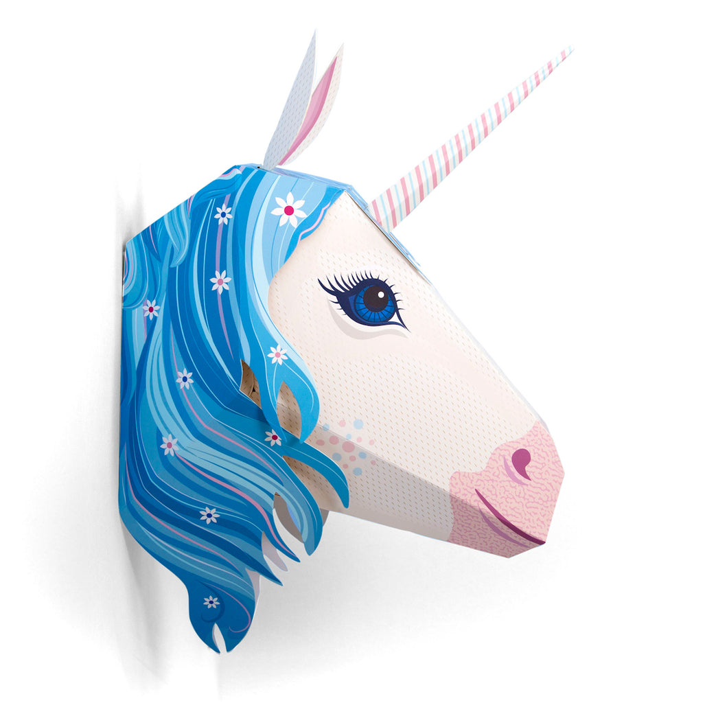 Stylized unicorn head with a pink-striped horn and vibrant blue mane decorated with flowers. The design is whimsical and cheerful.
