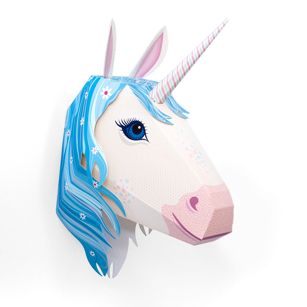 Stylized unicorn head with a pink-striped horn and vibrant blue mane decorated with flowers. The design is whimsical and cheerful.