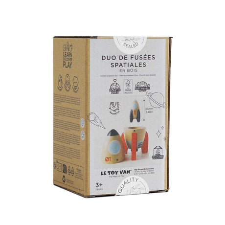 Back of the cardboard packaging box for the Le Toy Van wooden magnetic space rocket duo.