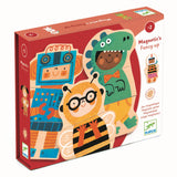 Djeco Magnetic's Fancy-up wooden magnetic puzzle game for toddlers with robot, bee, and dinosaur characters.