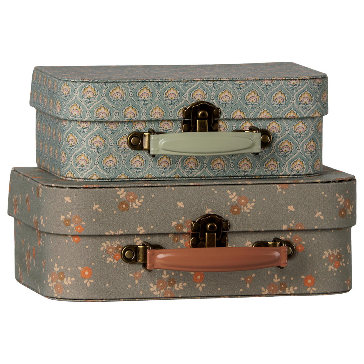 Maileg 2-piece Michette suitcase set with vintage floral and damask patterned metal toy trunks.