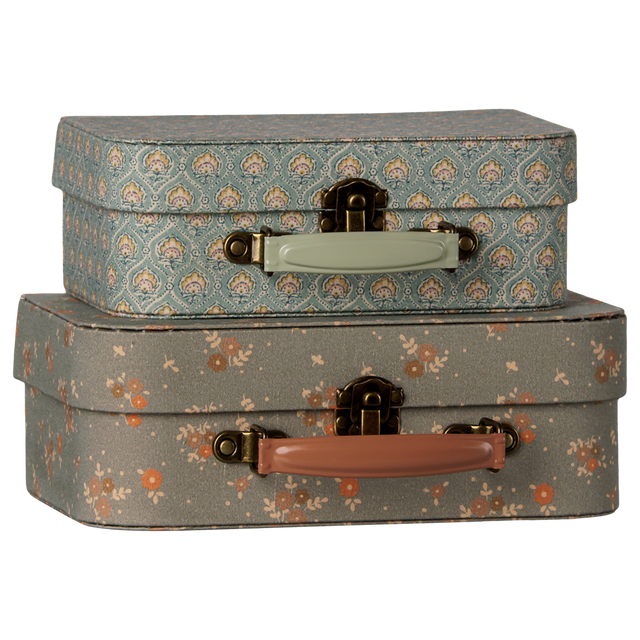 Maileg 2-piece Michette suitcase set with vintage floral and damask patterned metal toy trunks.