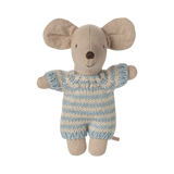 A small, plush mouse toy wearing a blue and beige striped knitted outfit. It has large ears, a stitched smile, and button-like eyes, giving a cute and friendly appearance.