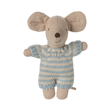 A small, plush mouse toy wearing a blue and beige striped knitted outfit. It has large ears, a stitched smile, and button-like eyes, giving a cute and friendly appearance.