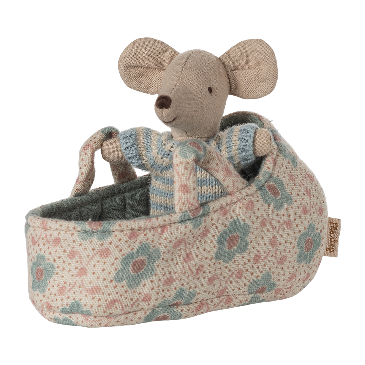 A tiny mouse in a soft blue striped knit outfit, tucked inside a floral fabric carry cot with handles—perfect for nurturing pretend play and adding charm to any Maileg collection.