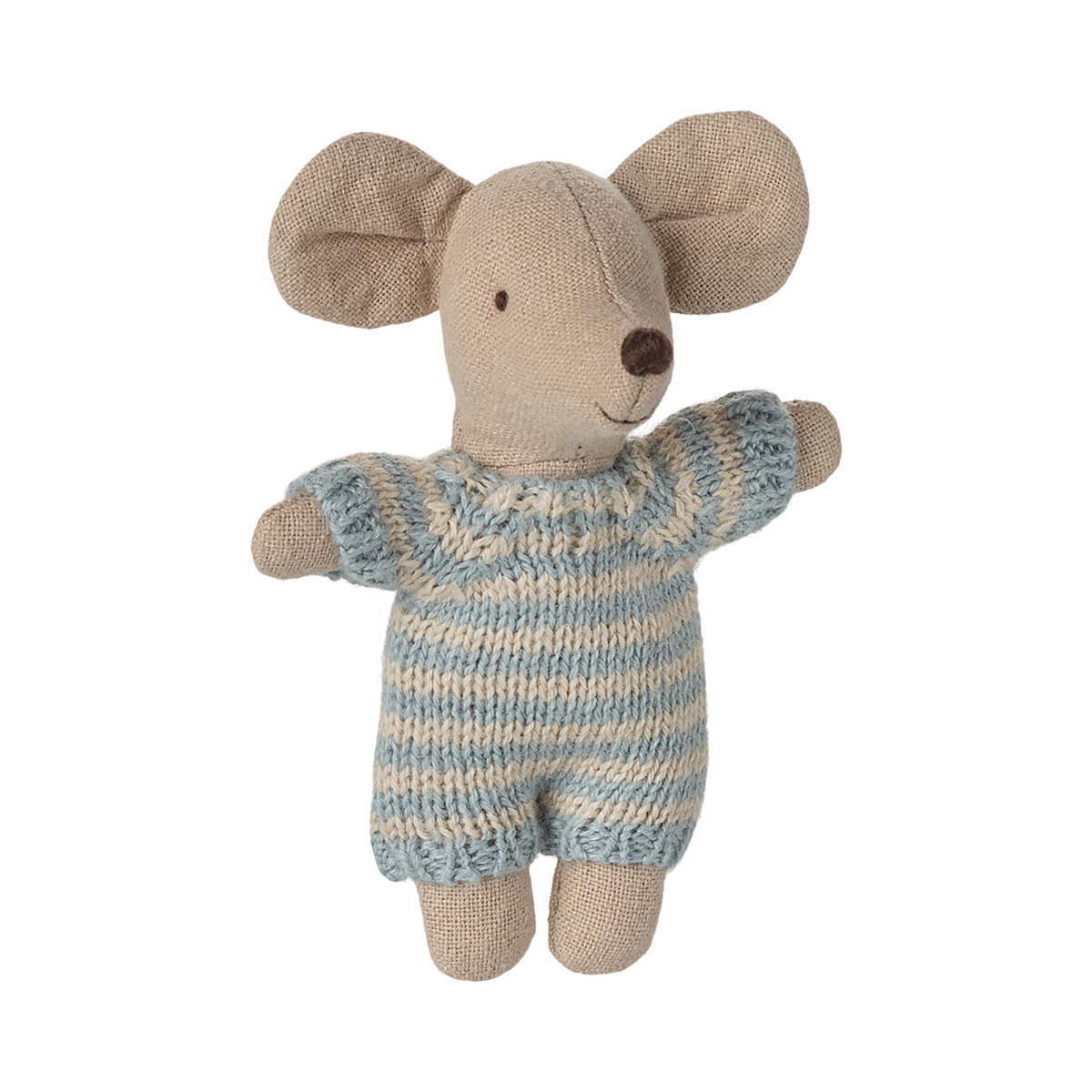 A small, plush mouse toy wearing a blue and beige striped knitted outfit. It has large ears, a stitched smile, and button-like eyes, giving a cute and friendly appearance.