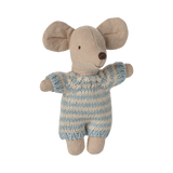 A small, plush mouse toy wearing a blue and beige striped knitted outfit. It has large ears, a stitched smile, and button-like eyes, giving a cute and friendly appearance.